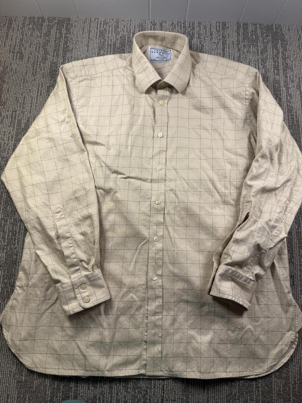 Charles Tyrwhitt Dress Shirt Mens 17 34/35 Beige Check Classic Fit Cotton LS